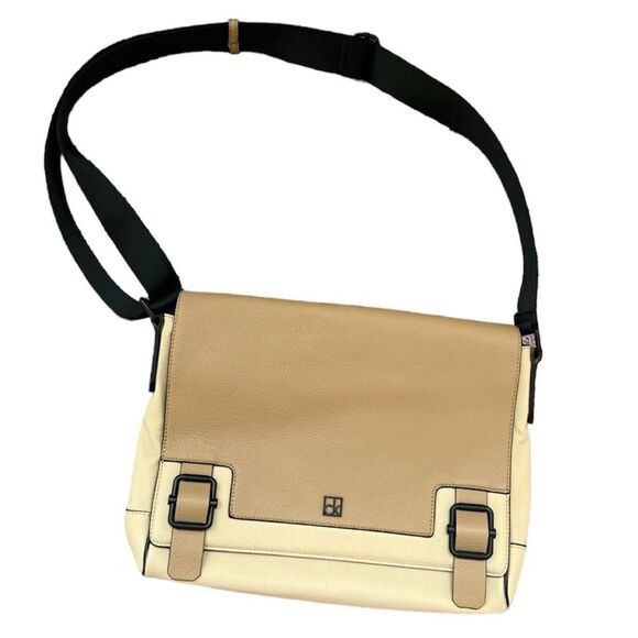 Calvin Klein Leather Messenger Bag Tan Cream Beige Unisex Gender Neutral - Picture 1 of 10